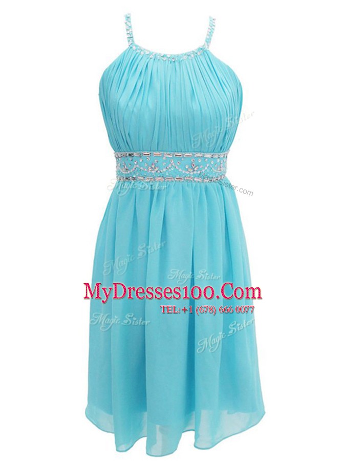 Halter Top Knee Length Criss Cross Homecoming Dress Aqua Blue for Prom and Party with Beading