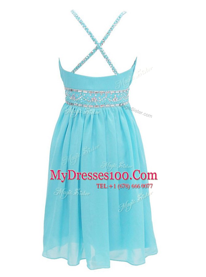 Halter Top Knee Length Criss Cross Homecoming Dress Aqua Blue for Prom and Party with Beading