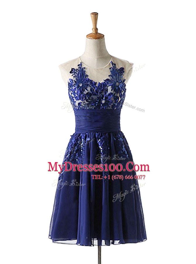 High Class Navy Blue Chiffon Backless Scoop Sleeveless Knee Length Prom Gown Appliques