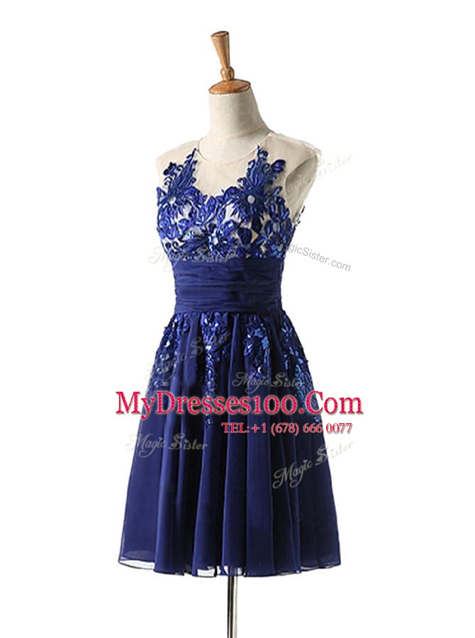 High Class Navy Blue Chiffon Backless Scoop Sleeveless Knee Length Prom Gown Appliques