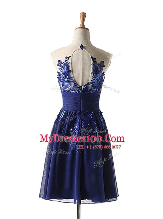 High Class Navy Blue Chiffon Backless Scoop Sleeveless Knee Length Prom Gown Appliques