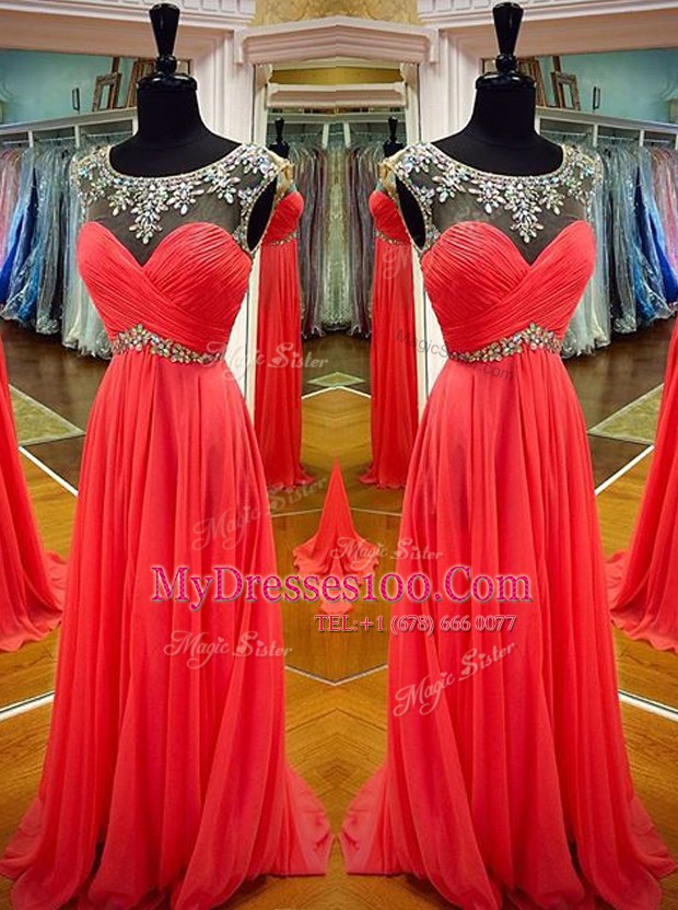 Coral Red Chiffon Backless Scoop Sleeveless Floor Length Homecoming Dress Sashes ribbons