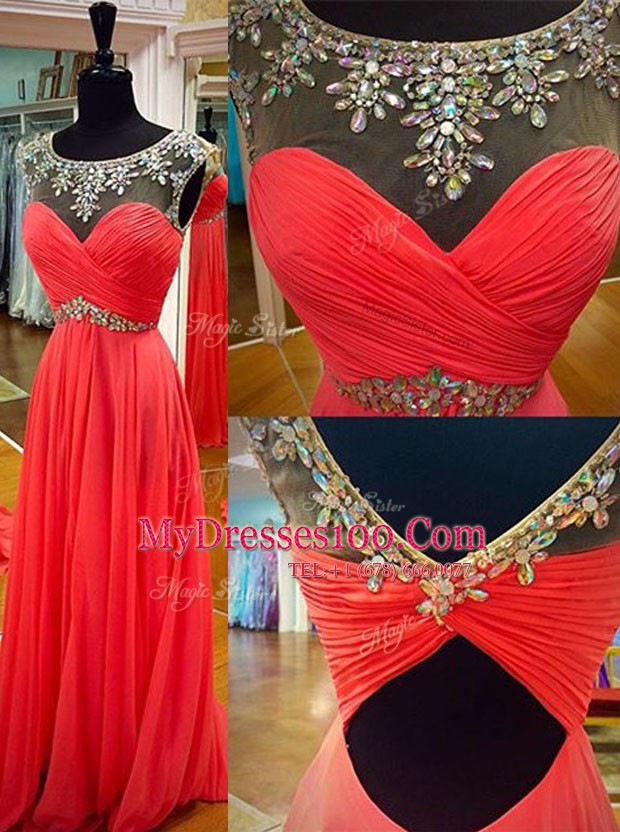 Coral Red Chiffon Backless Scoop Sleeveless Floor Length Homecoming Dress Sashes ribbons