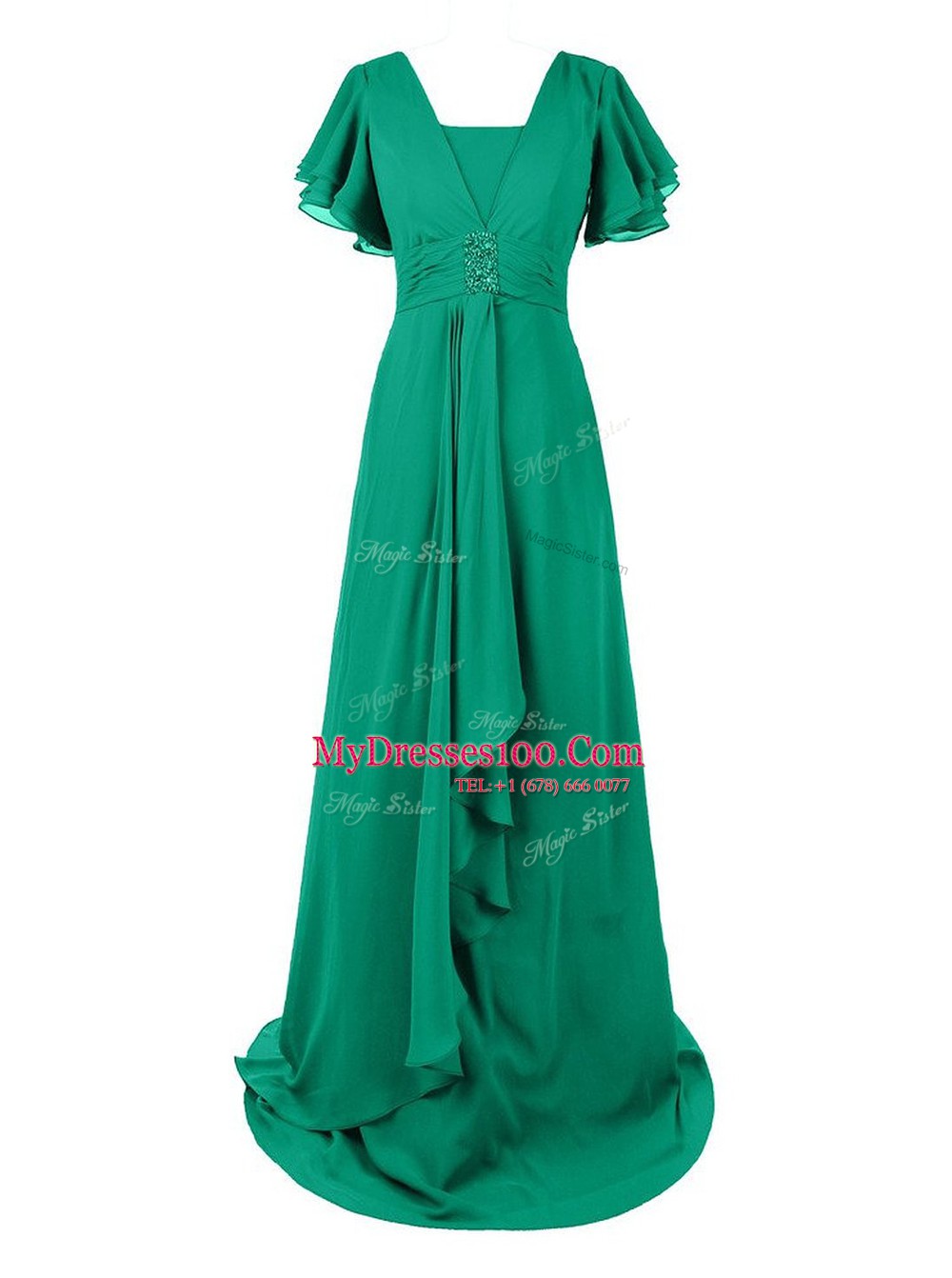 Fashion Green Short Sleeves Chiffon Sweep Train Zipper Prom Evening Gown for Prom and Wedding Party
