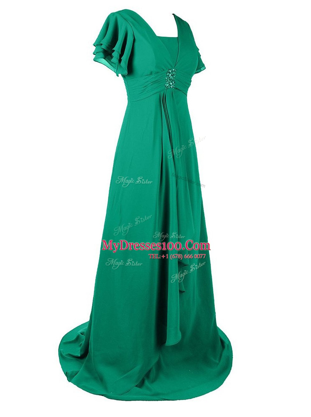 Fashion Green Short Sleeves Chiffon Sweep Train Zipper Prom Evening Gown for Prom and Wedding Party