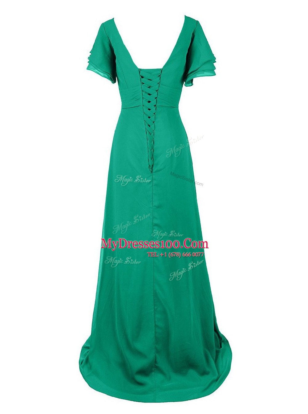 Fashion Green Short Sleeves Chiffon Sweep Train Zipper Prom Evening Gown for Prom and Wedding Party