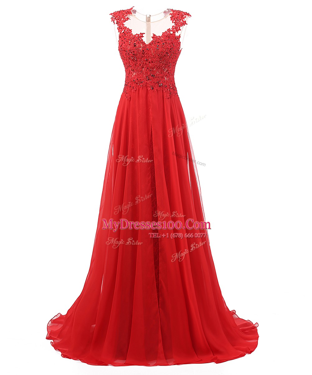 Great Red A-line Appliques Dress for Prom Zipper Chiffon Sleeveless With Train
