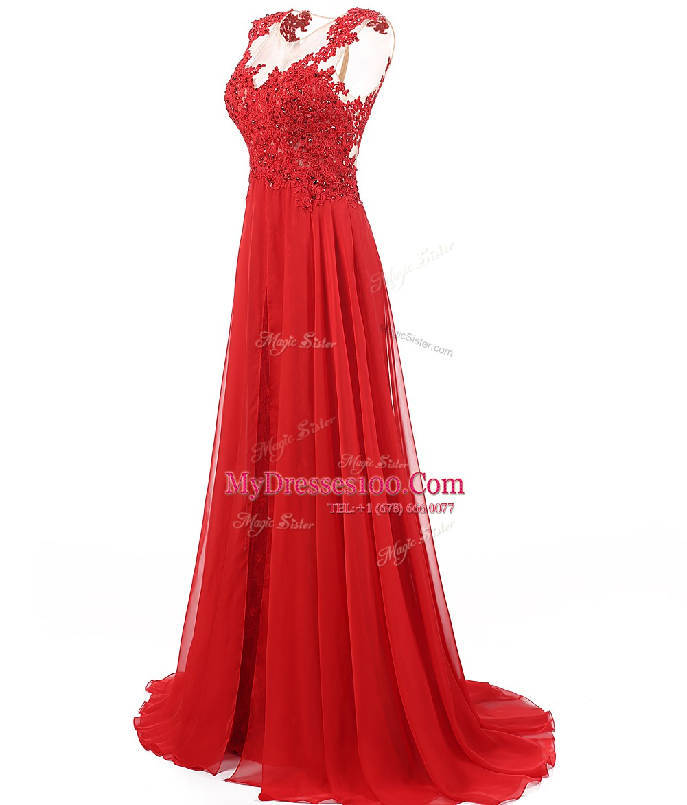 Great Red A-line Appliques Dress for Prom Zipper Chiffon Sleeveless With Train