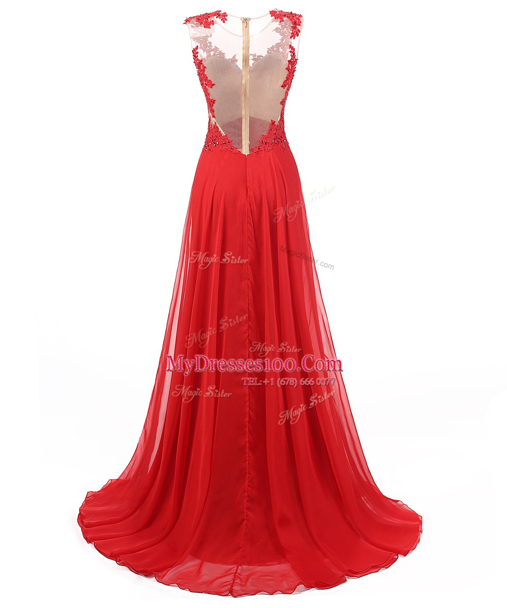 Great Red A-line Appliques Dress for Prom Zipper Chiffon Sleeveless With Train