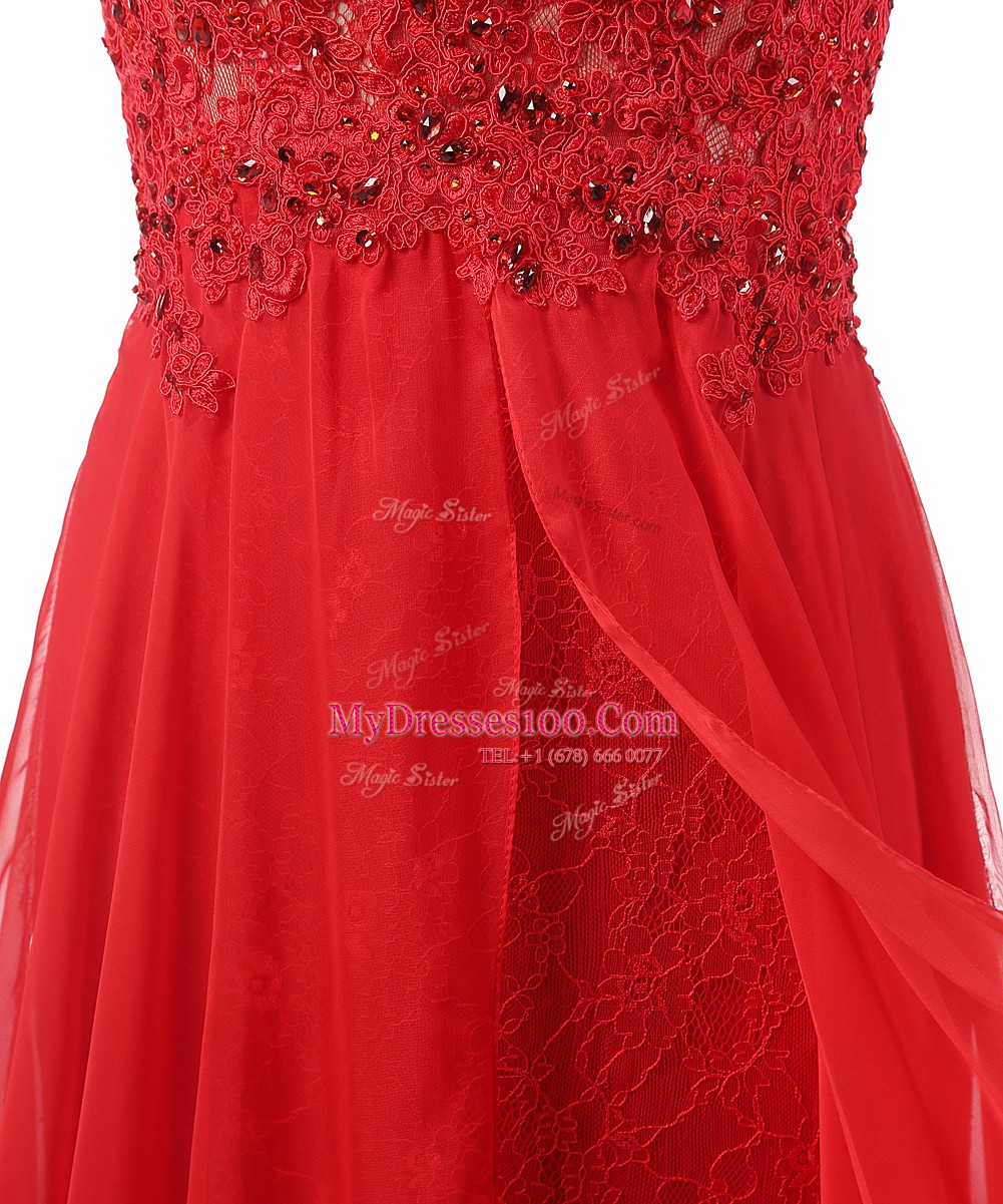 Great Red A-line Appliques Dress for Prom Zipper Chiffon Sleeveless With Train