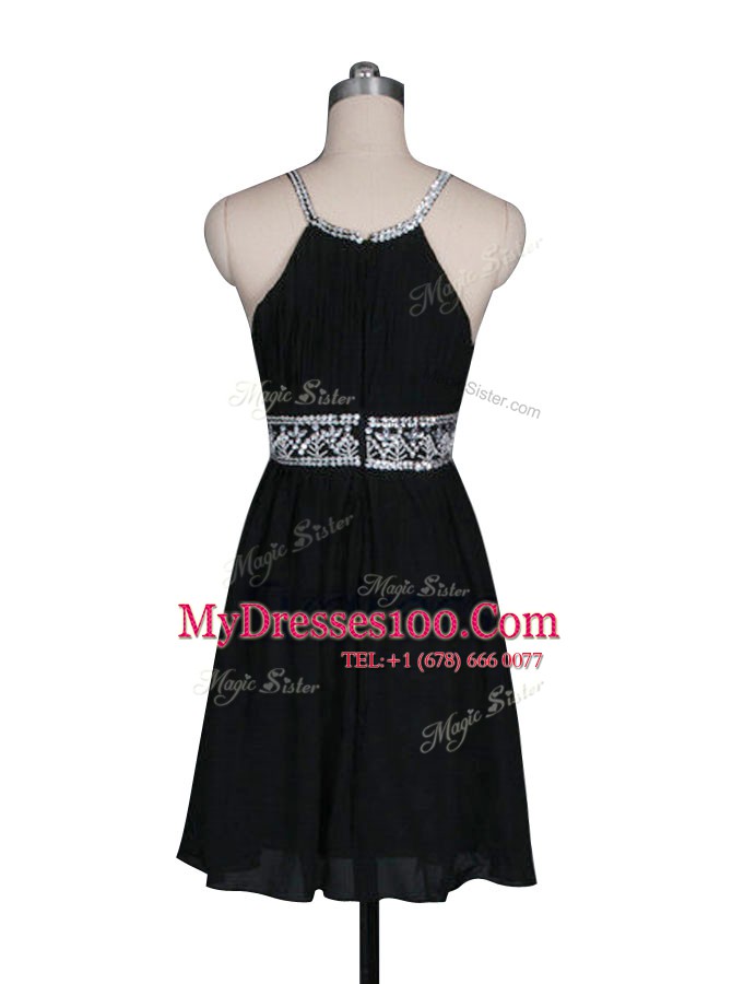 Black Chiffon Zipper Halter Top Sleeveless Mini Length Evening Dress Beading