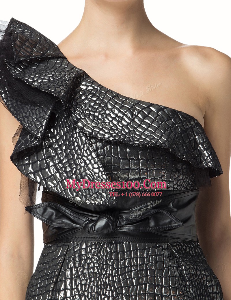 Gorgeous One Shoulder Mini Length Black Prom Dresses Satin Sleeveless Ruffles and Sashes ribbons