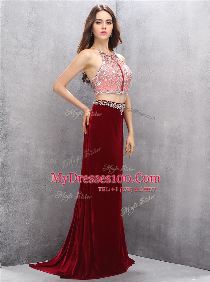 Scoop Criss Cross Silk Like Satin Sleeveless With Train Prom Gown Sweep Train and Beading
