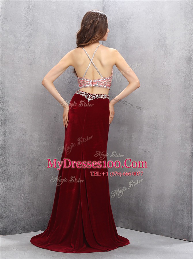 Scoop Criss Cross Silk Like Satin Sleeveless With Train Prom Gown Sweep Train and Beading