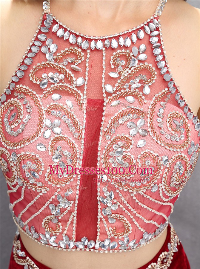 Scoop Criss Cross Silk Like Satin Sleeveless With Train Prom Gown Sweep Train and Beading