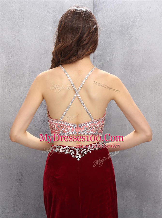 Scoop Criss Cross Silk Like Satin Sleeveless With Train Prom Gown Sweep Train and Beading