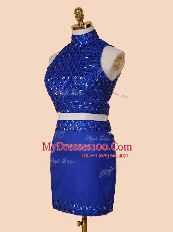 Free and Easy Backless Mini Length Royal Blue Evening Party Dresses Satin Sleeveless Beading