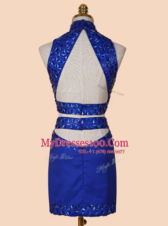 Free and Easy Backless Mini Length Royal Blue Evening Party Dresses Satin Sleeveless Beading