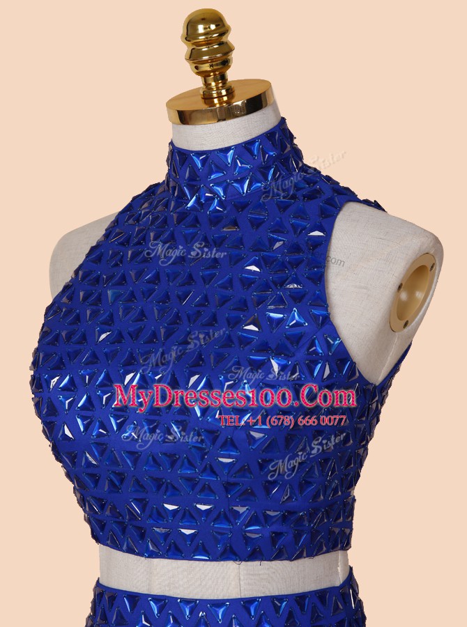 Free and Easy Backless Mini Length Royal Blue Evening Party Dresses Satin Sleeveless Beading