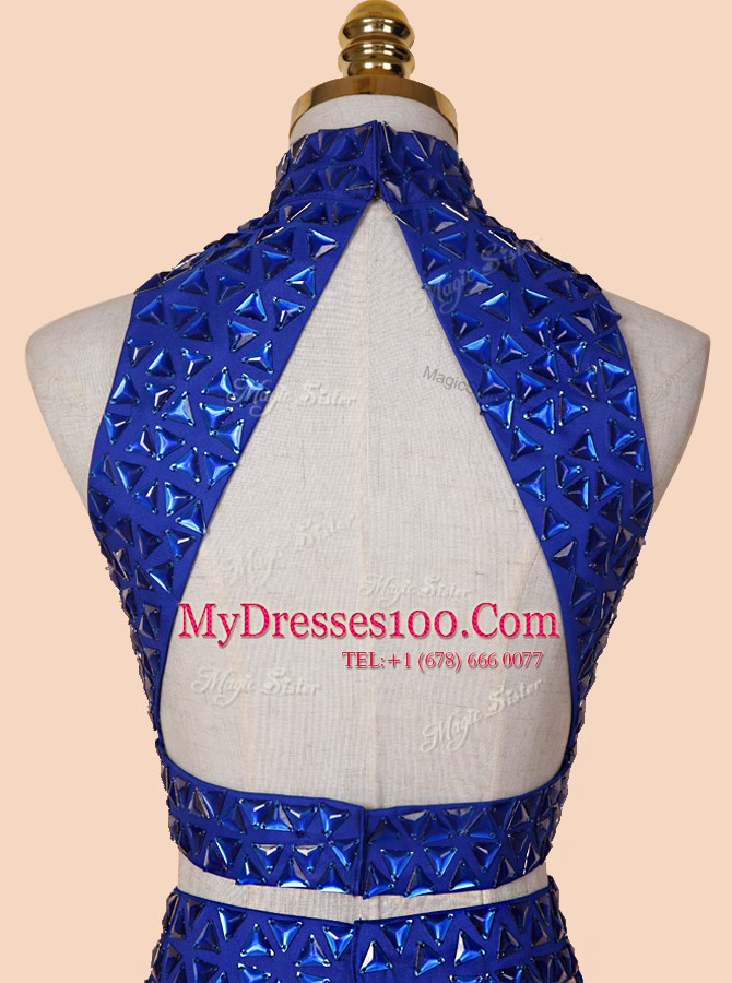 Free and Easy Backless Mini Length Royal Blue Evening Party Dresses Satin Sleeveless Beading
