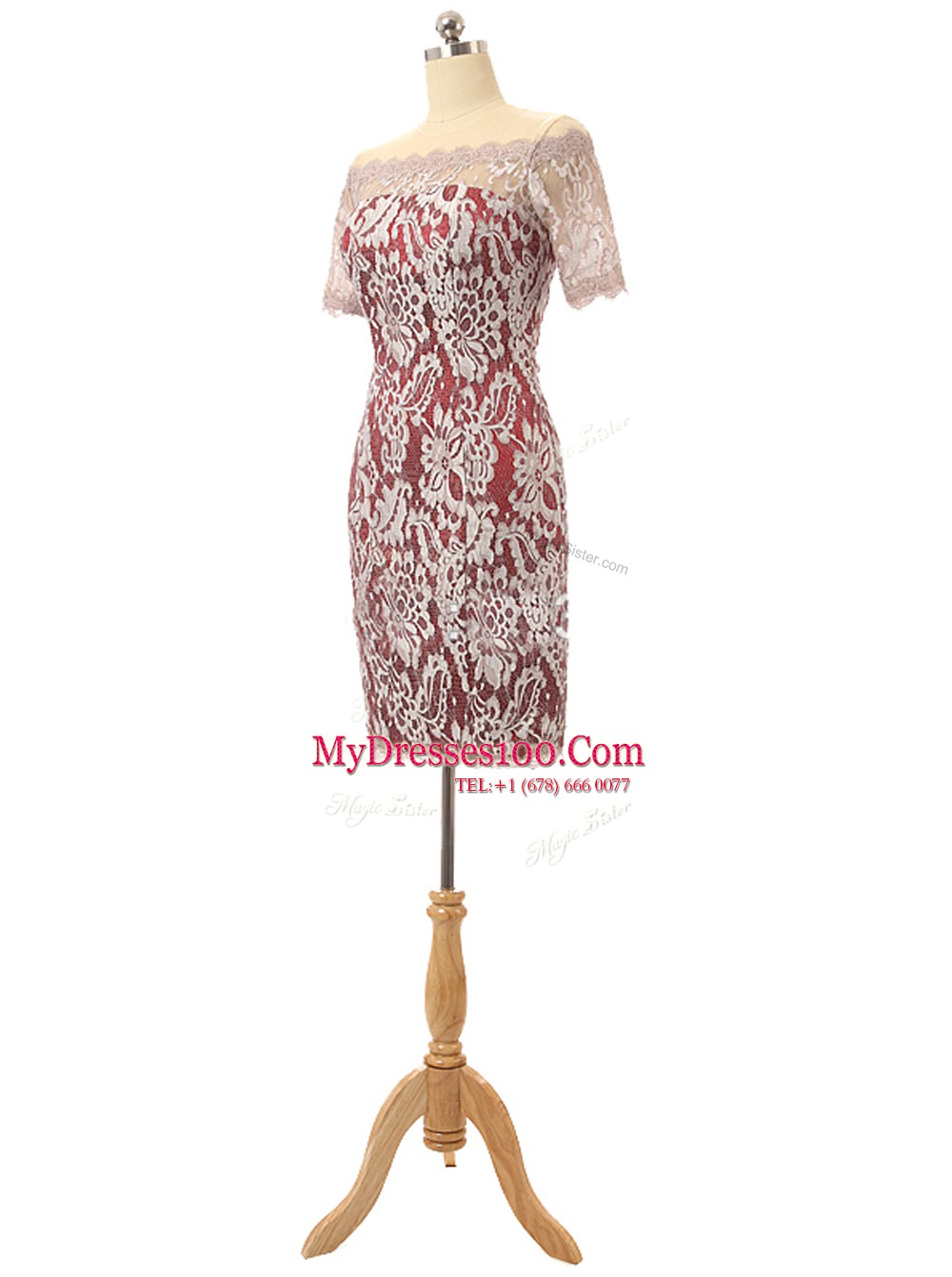 Off the Shoulder White And Red Short Sleeves Lace Mini Length Teens Party Dress