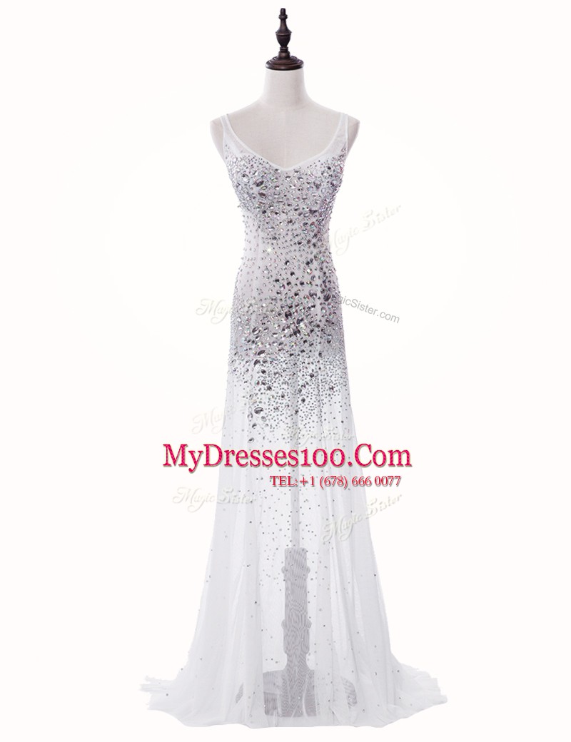 Exquisite Scoop Sleeveless Sweep Train Zipper With Train Beading Prom Party Dress