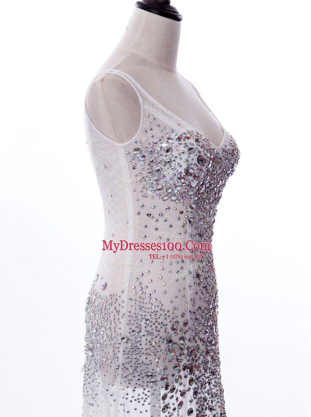 Exquisite Scoop Sleeveless Sweep Train Zipper With Train Beading Prom Party Dress