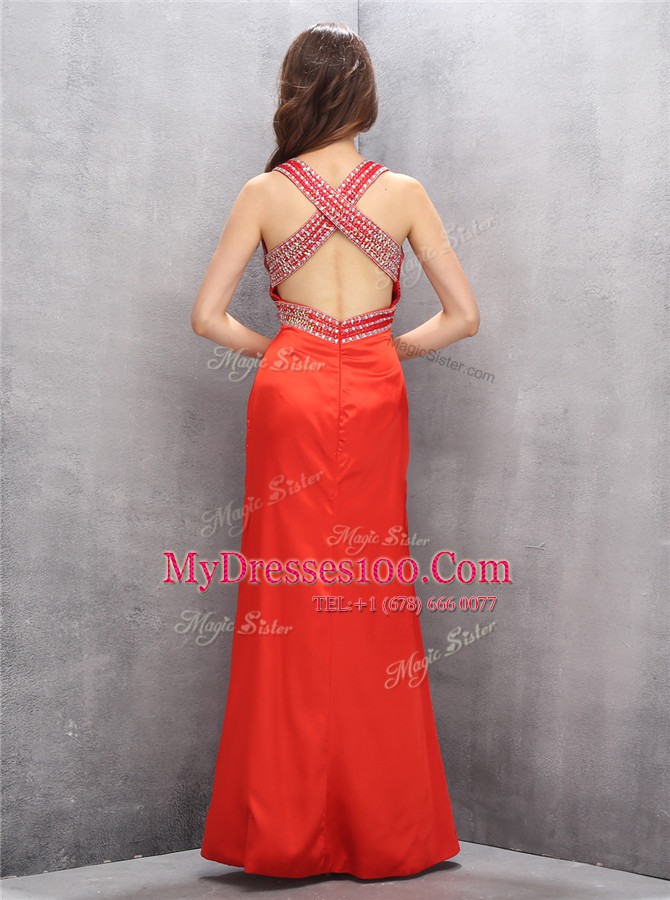 Flare Coral Red Prom Evening Gown Prom and For with Beading V-neck Sleeveless Criss Cross