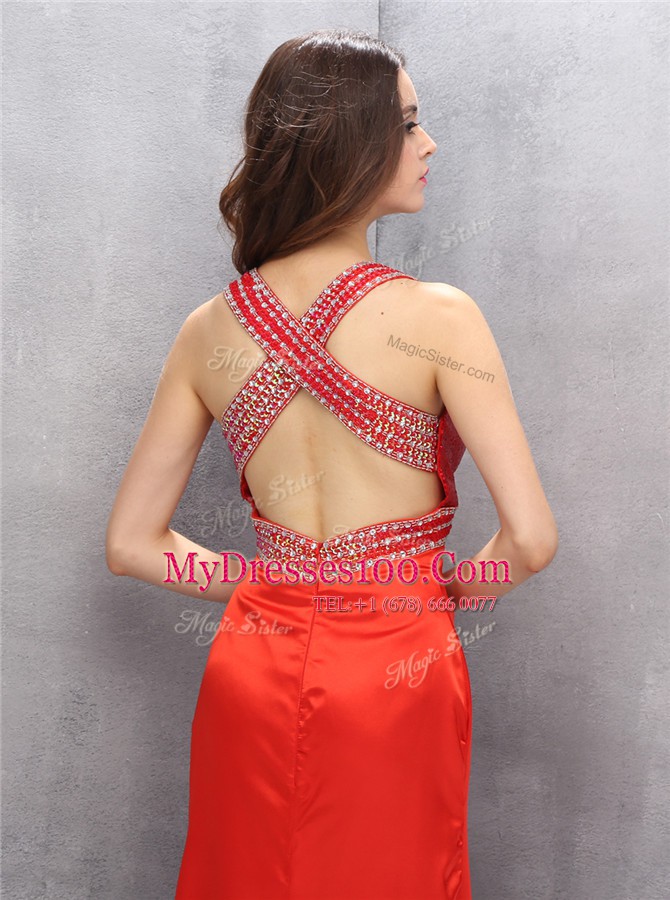 Flare Coral Red Prom Evening Gown Prom and For with Beading V-neck Sleeveless Criss Cross
