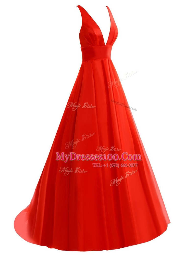 Coral Red A-line V-neck Sleeveless Organza Brush Train Zipper Pleated Prom Dress