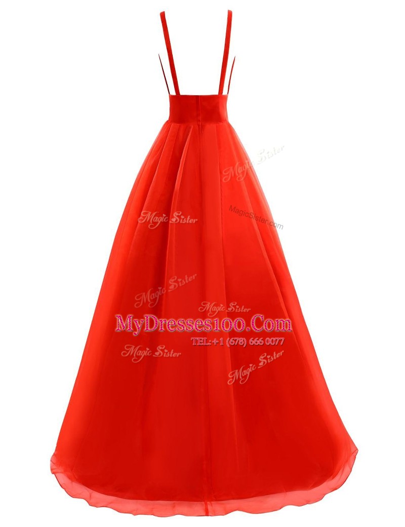 Coral Red A-line V-neck Sleeveless Organza Brush Train Zipper Pleated Prom Dress