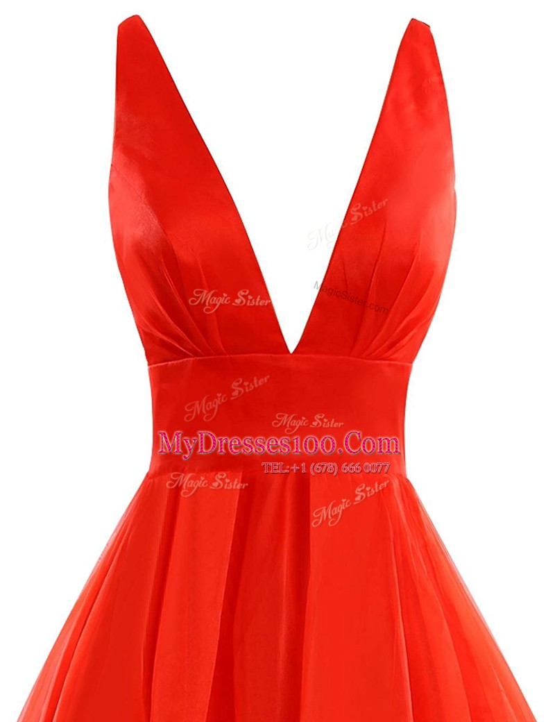 Coral Red A-line V-neck Sleeveless Organza Brush Train Zipper Pleated Prom Dress
