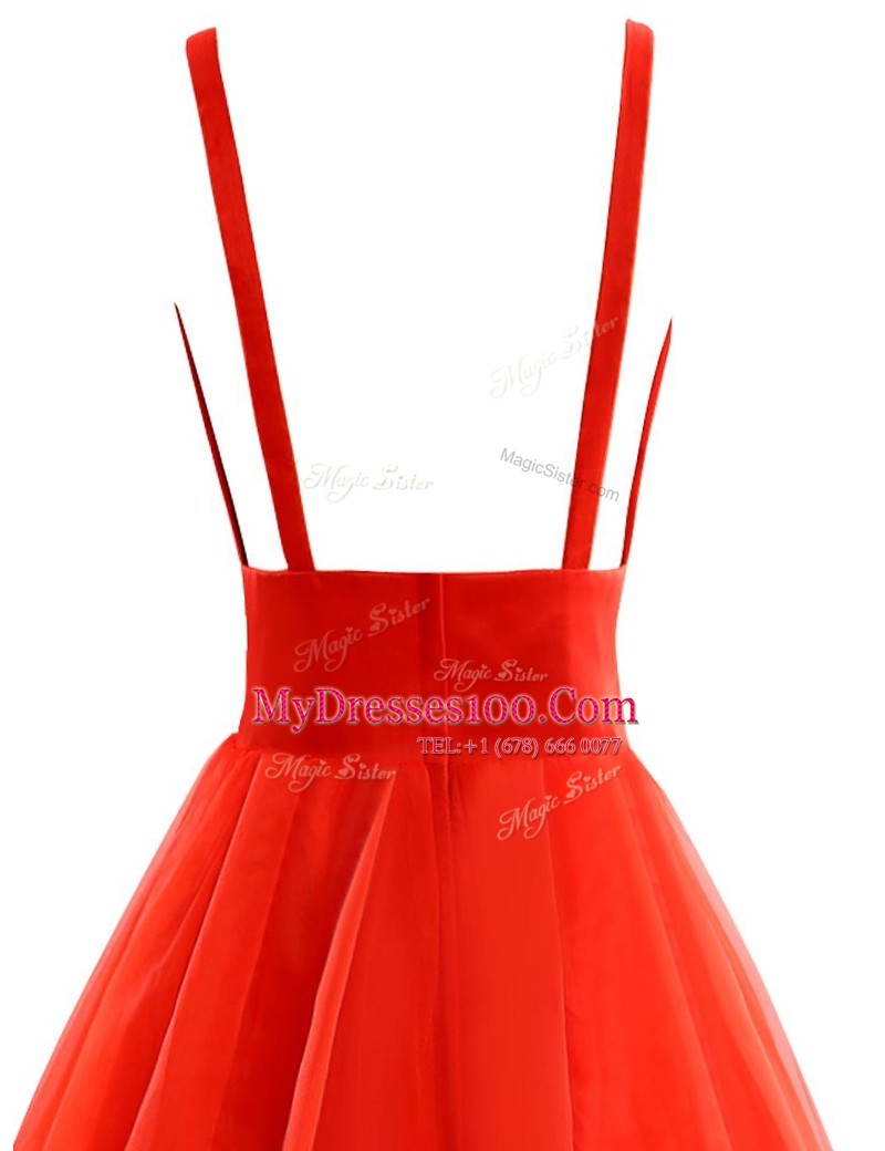 Coral Red A-line V-neck Sleeveless Organza Brush Train Zipper Pleated Prom Dress