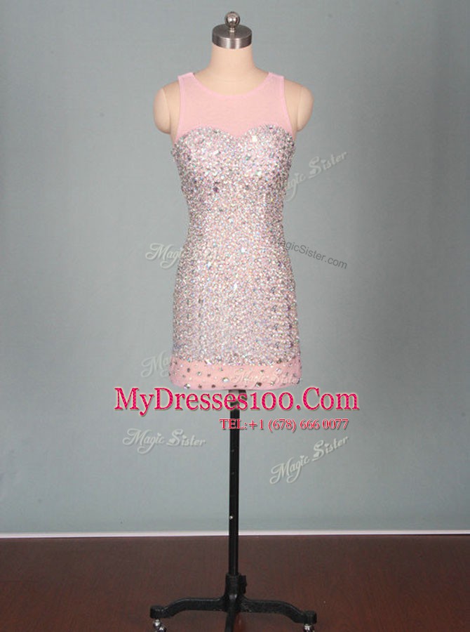 Colorful Pink Zipper Scoop Beading Prom Evening Gown Elastic Woven Satin Sleeveless