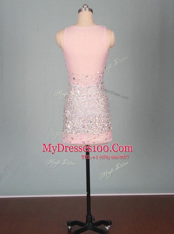 Colorful Pink Zipper Scoop Beading Prom Evening Gown Elastic Woven Satin Sleeveless
