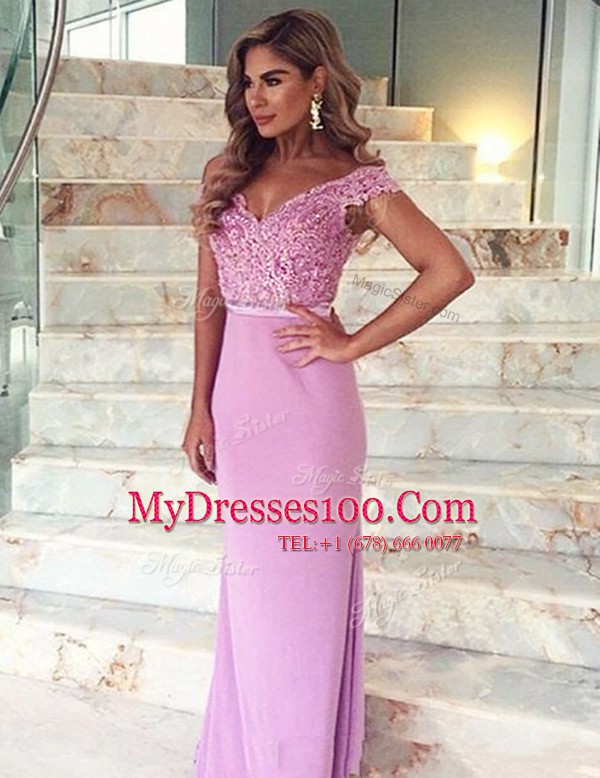 Mermaid Lilac Zipper Off The Shoulder Lace and Sashes ribbons Prom Party Dress Elastic Woven Satin Short Sleeves Brush Train
