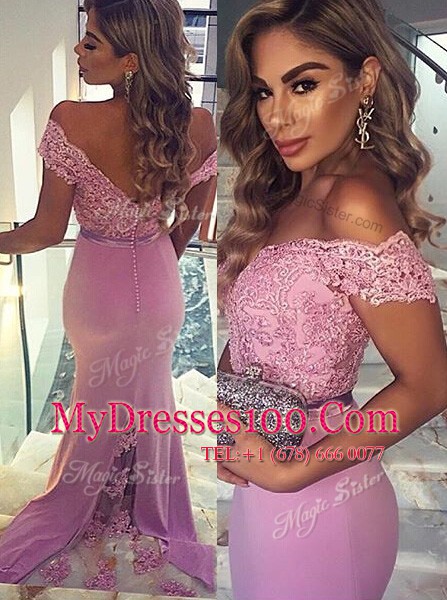 Mermaid Lilac Zipper Off The Shoulder Lace and Sashes ribbons Prom Party Dress Elastic Woven Satin Short Sleeves Brush Train
