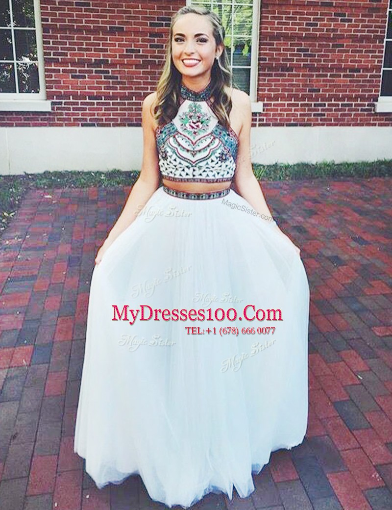 Clearance Blue Halter Top Zipper Embroidery Dress for Prom Sleeveless