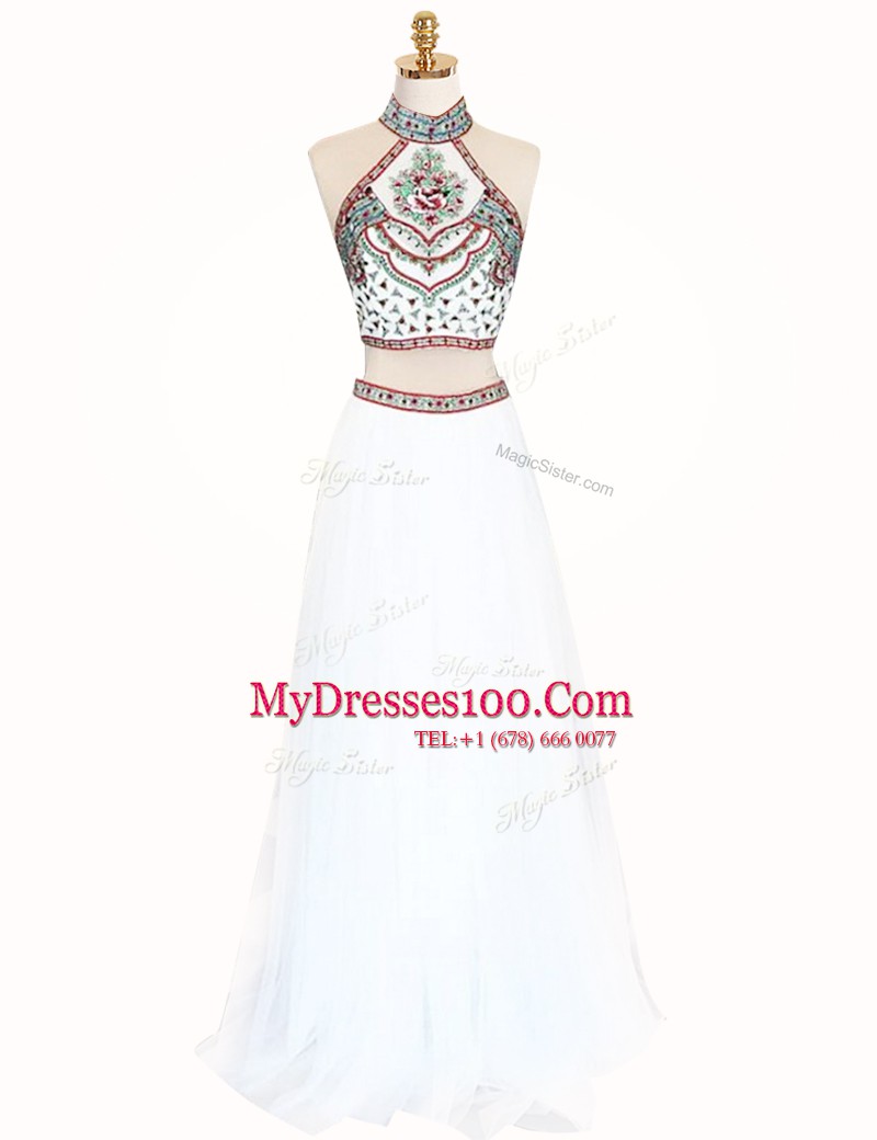 Clearance Blue Halter Top Zipper Embroidery Dress for Prom Sleeveless