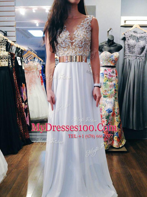 White Chiffon Backless Sleeveless Floor Length Beading