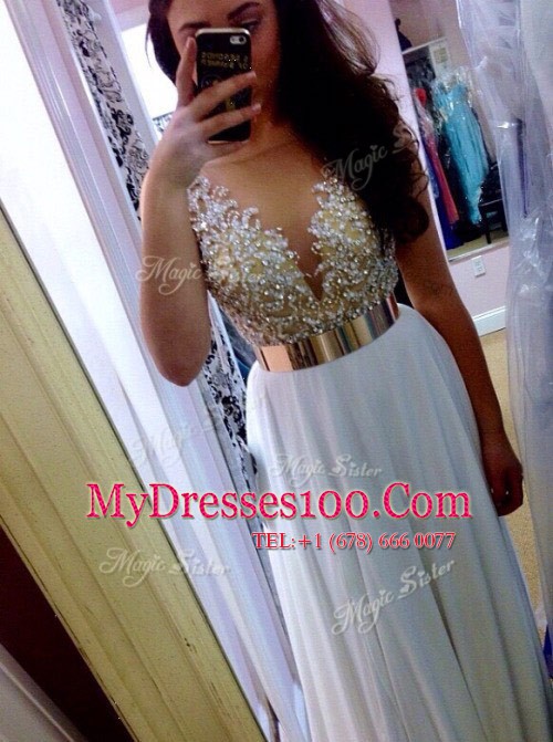 White Chiffon Backless Sleeveless Floor Length Beading