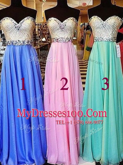 Blue Sleeveless Beading Floor Length Homecoming Dress
