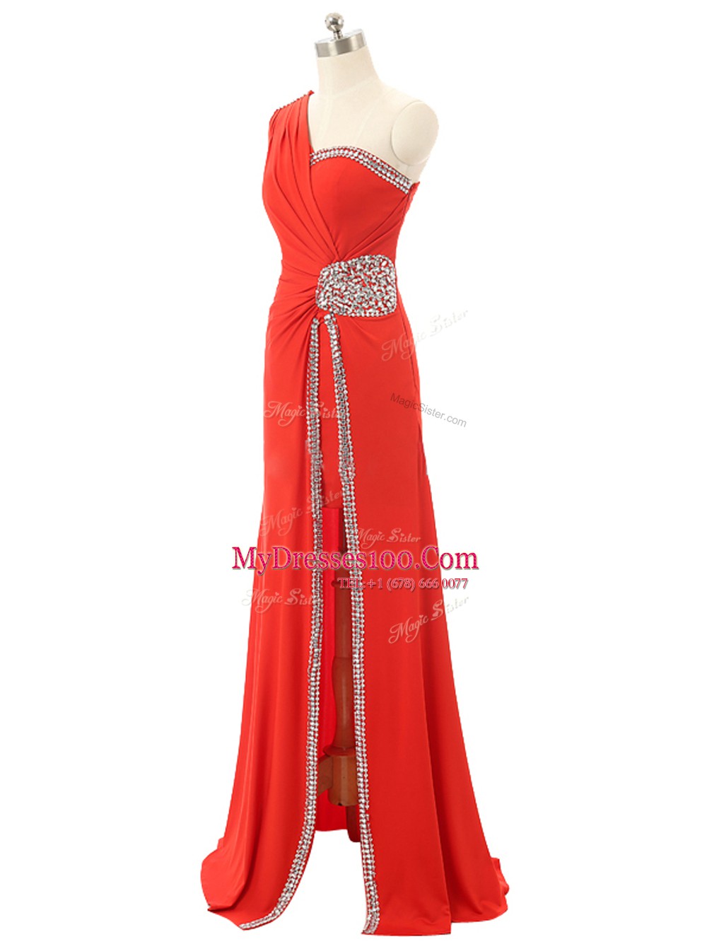 Red Chiffon Zipper One Shoulder Sleeveless Floor Length Homecoming Dress Beading and Ruching
