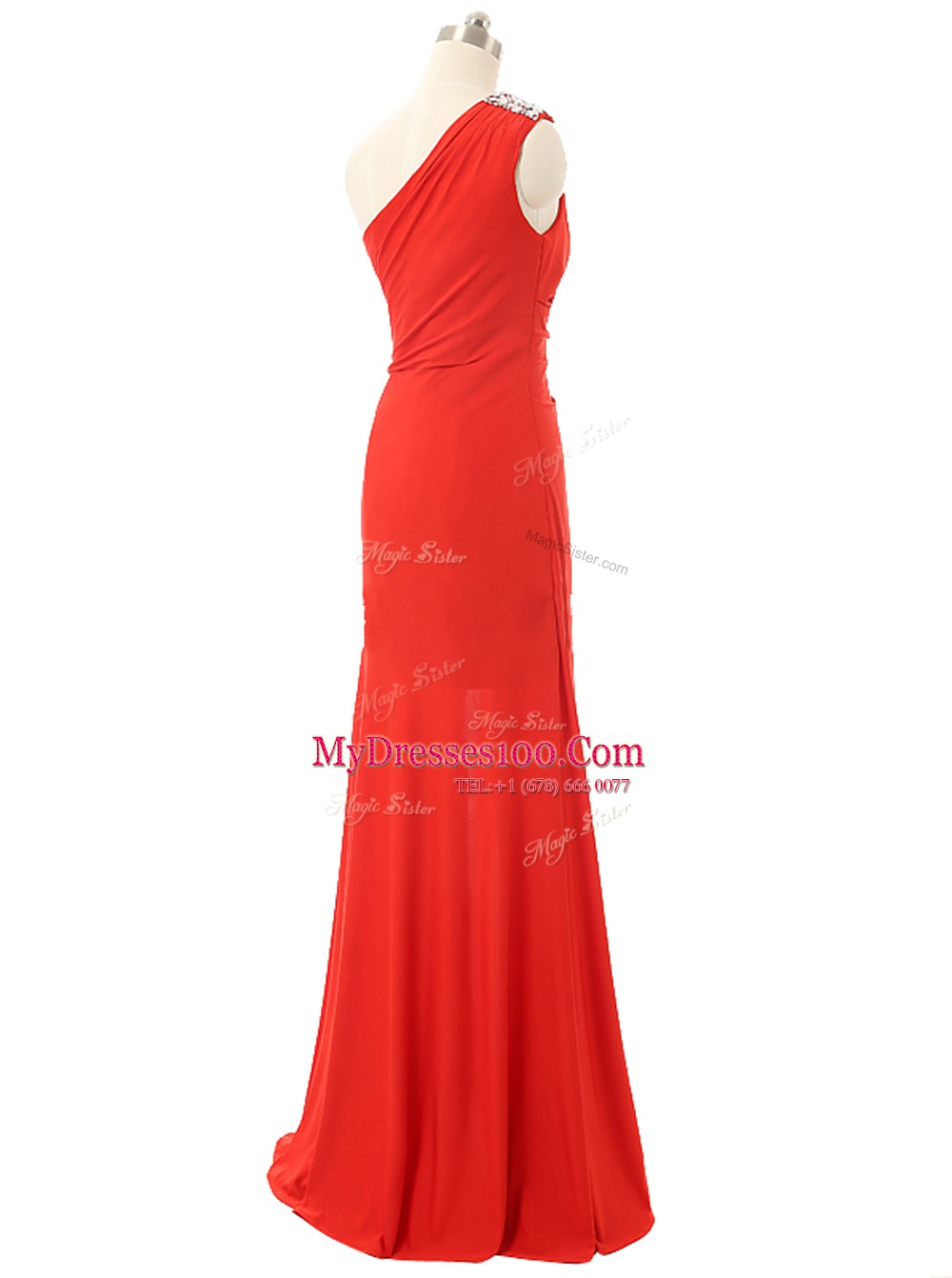 Red Chiffon Zipper One Shoulder Sleeveless Floor Length Homecoming Dress Beading and Ruching