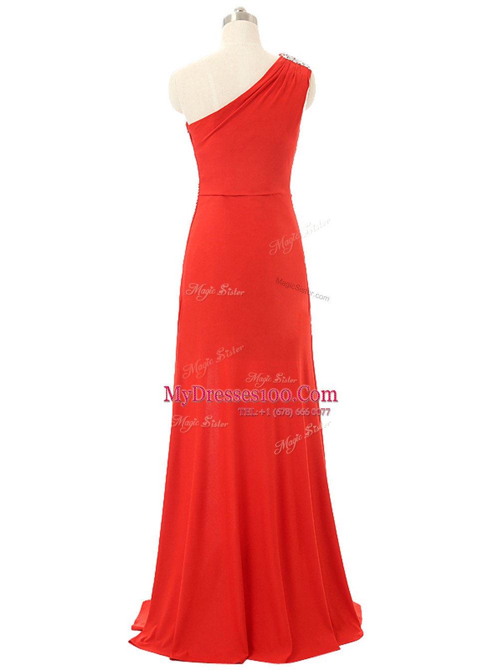 Red Chiffon Zipper One Shoulder Sleeveless Floor Length Homecoming Dress Beading and Ruching