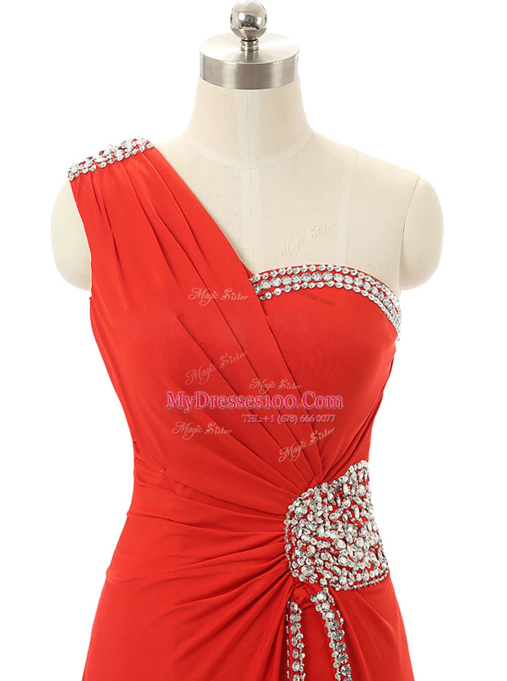 Red Chiffon Zipper One Shoulder Sleeveless Floor Length Homecoming Dress Beading and Ruching