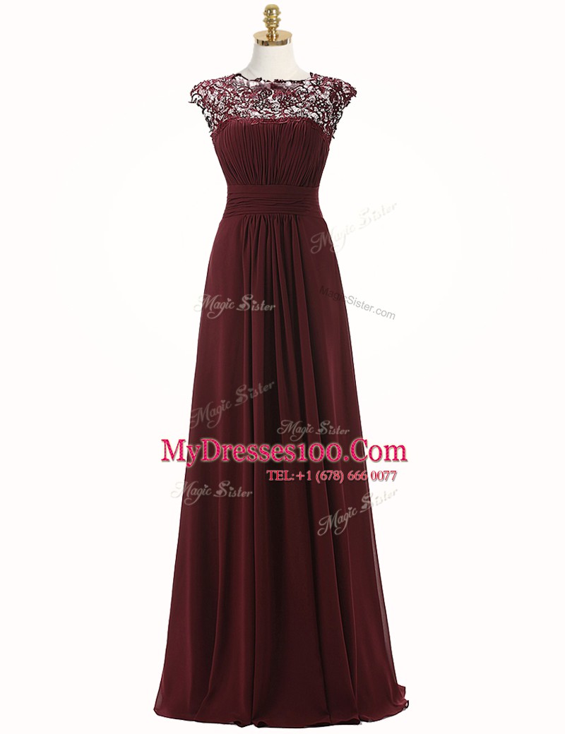 Sexy Scoop Sleeveless Chiffon Floor Length Zipper Evening Dresses in Burgundy with Appliques