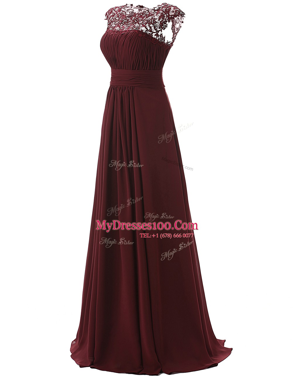 Sexy Scoop Sleeveless Chiffon Floor Length Zipper Evening Dresses in Burgundy with Appliques