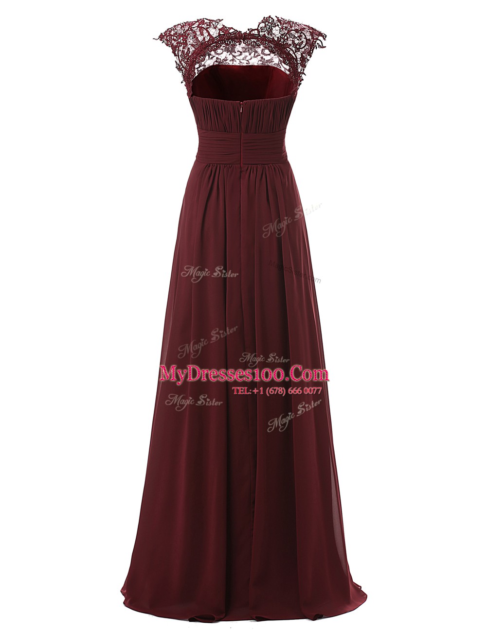 Sexy Scoop Sleeveless Chiffon Floor Length Zipper Evening Dresses in Burgundy with Appliques