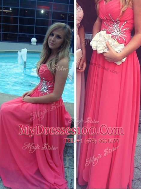 Fine Backless Hot Pink Sleeveless Beading Floor Length Homecoming Dress